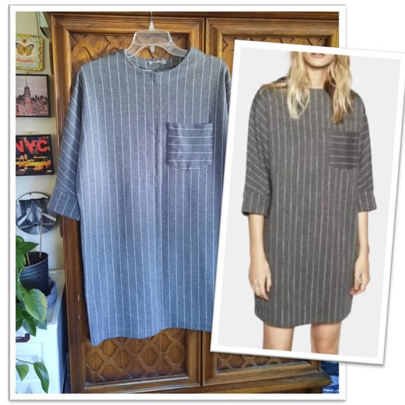 ZARA Gray Pinstripe Dolman Sleeve Pocket Cocoon Tunic Shift Dress - Size S - Picture 16 of 16